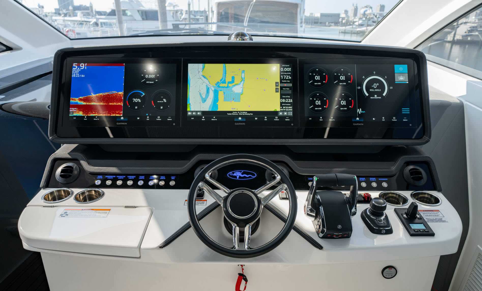 electronics at helm of valhalla v55 sport yacht