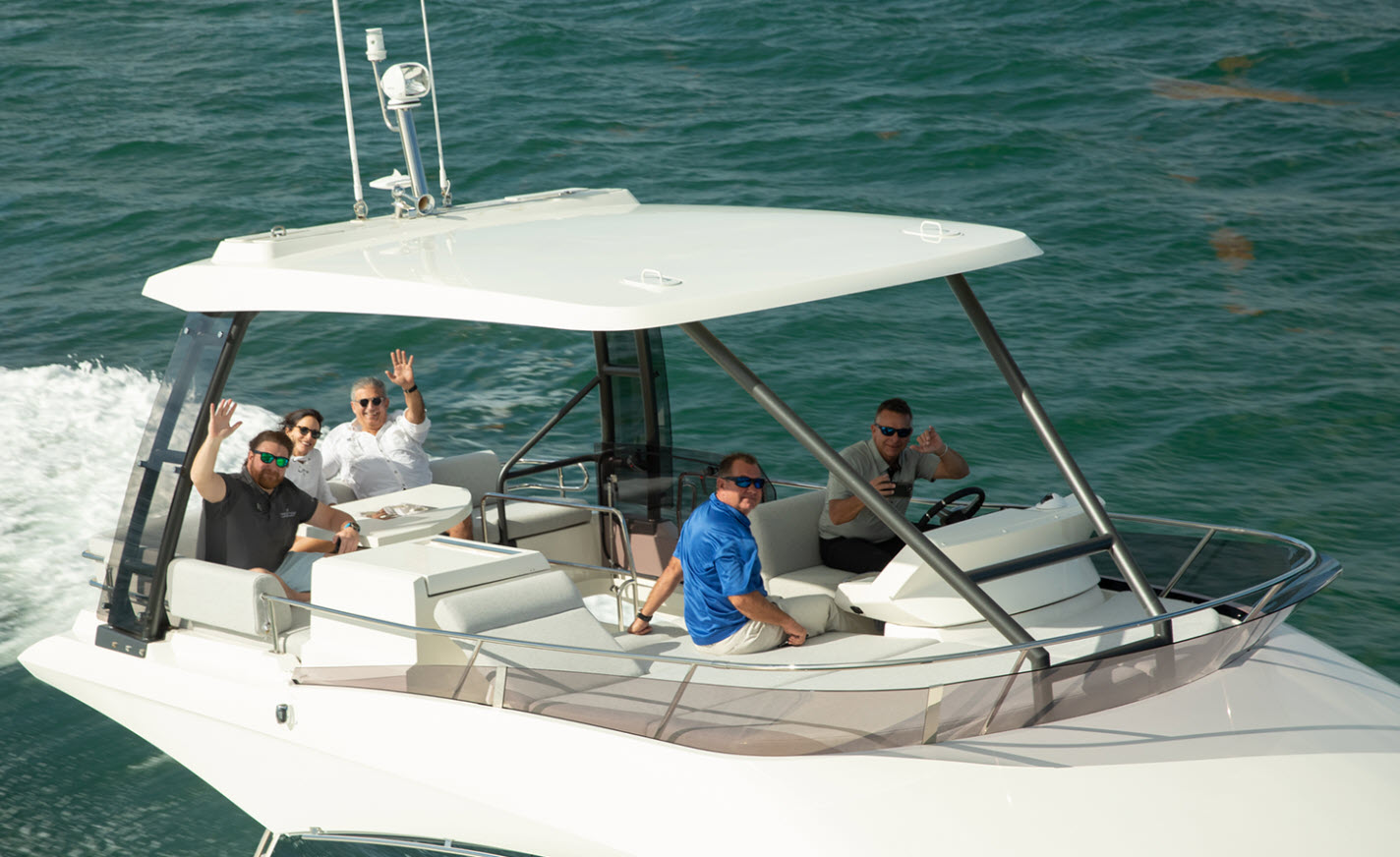 Enjoying a boat ride on a Prestige flybridge