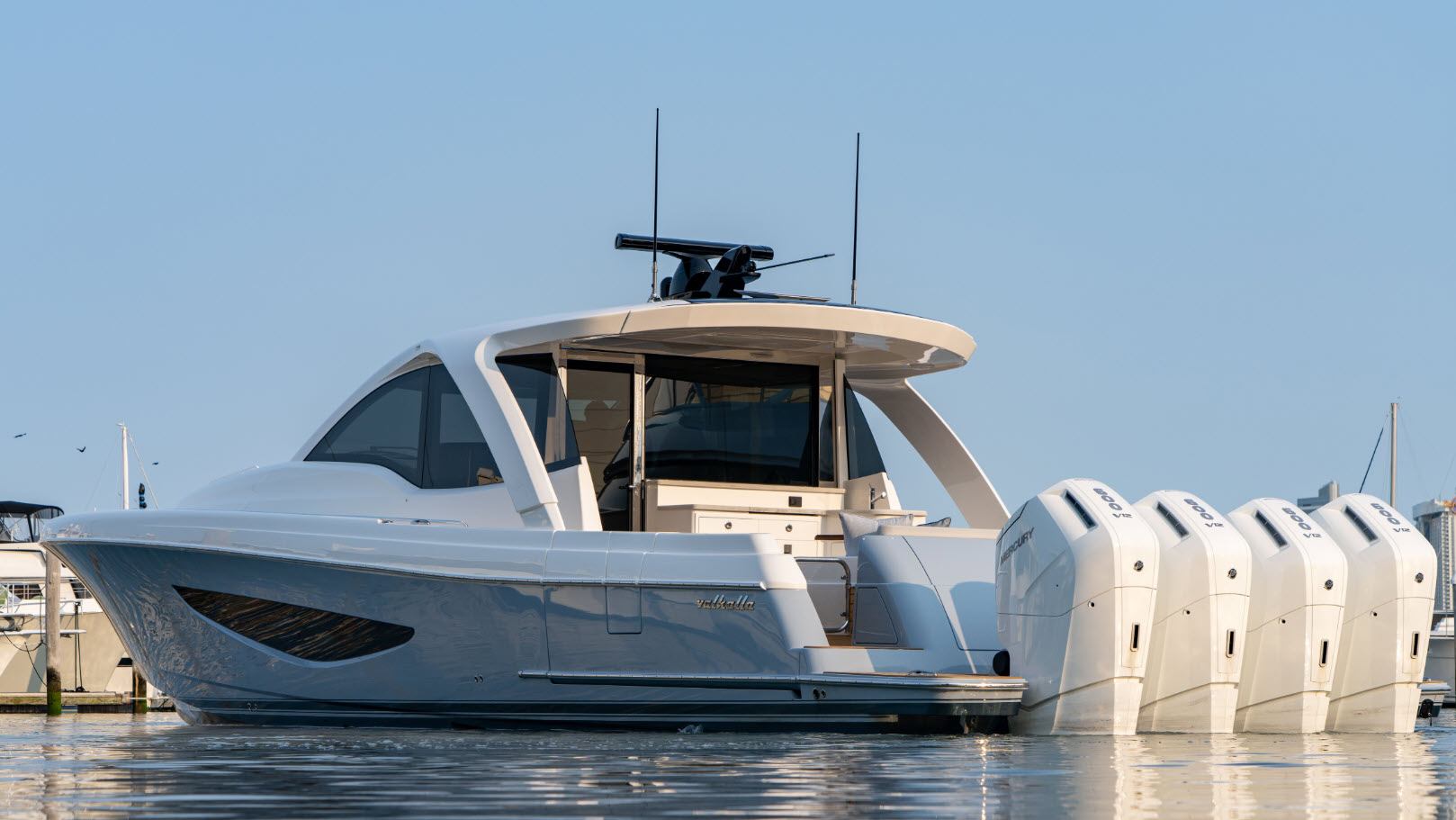 profile of valhalla v55 sport yacht with quad mercury 600 engines