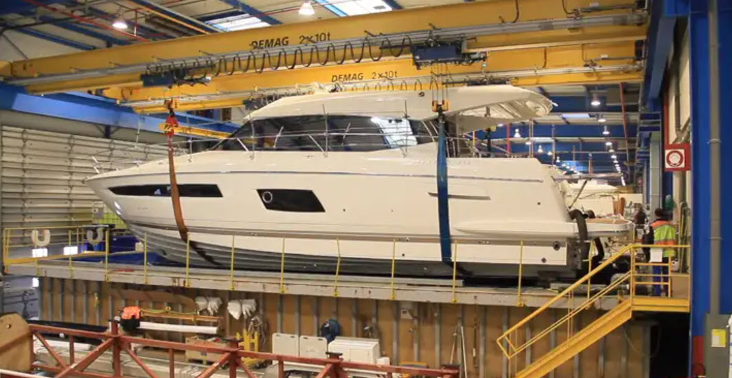 A rare look at a boat being built inside the Prestige yacht factory in France