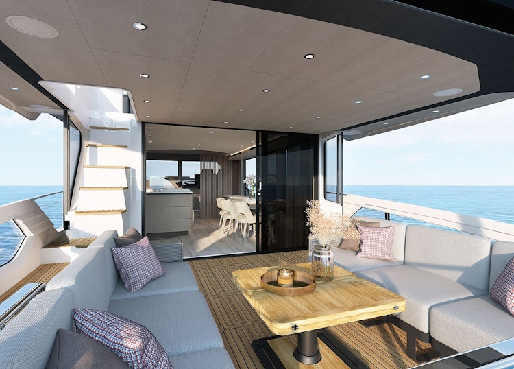 cockpit table and seating on absolute navetta 58