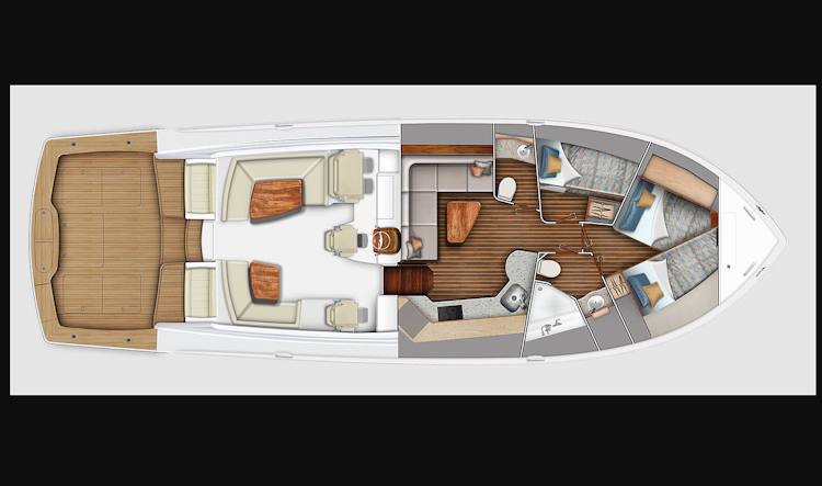 lower deck layout with twin bunks in forward cabin