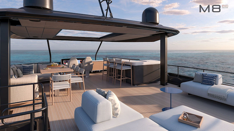prestige-m8-evo-flybridge-deck-with-dining-table