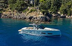 pardo 43 anchored in a cove