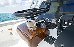 close up of steering wheel at helm station