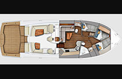 lower deck layout with twin bunks in forward cabin